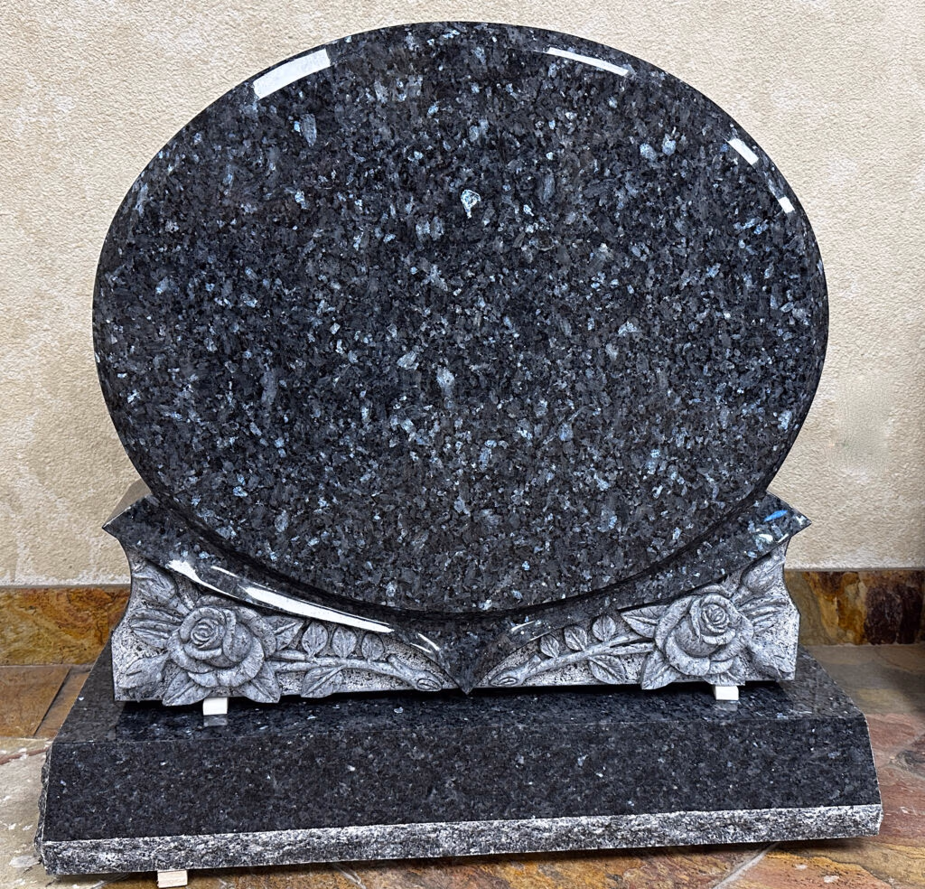 Oval Monument with Sculpted Roses in Blue Pearl Granite
