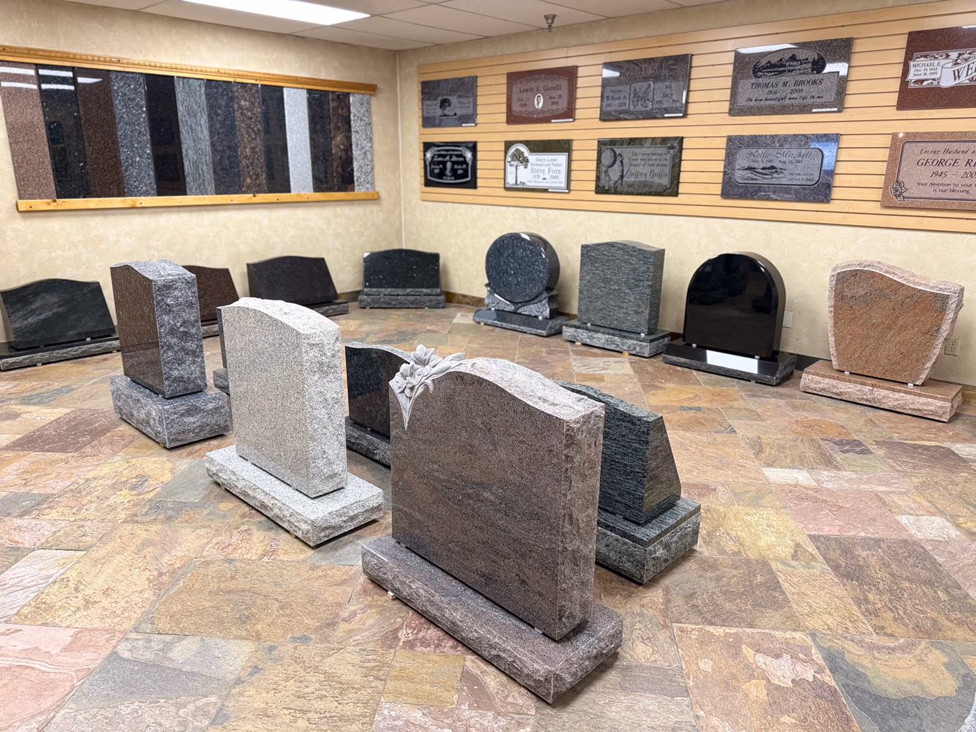 Granite monument on display inside the VJ Memorials showroom in Chino