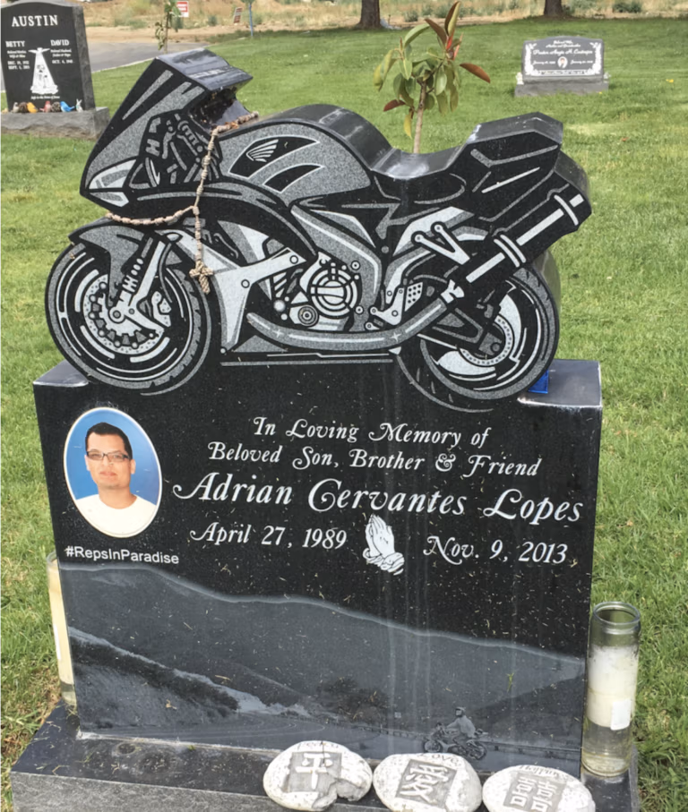 Motorcycle shaped monument set at bellevue memorial park
