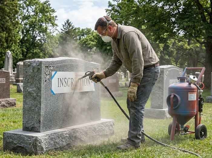 VJ Memorials craftsman engraving a headstone on-site at a cemetery