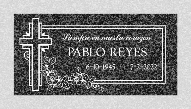 Oxford Gray granite flat headstone with cross and ivy border at Bardsdale Cemetery in Fillmore