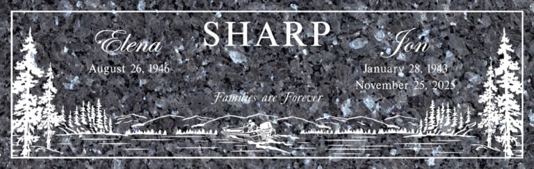 Blue Pearl granite companion marker with a lake scene placed at Rose Hills Memorial Park