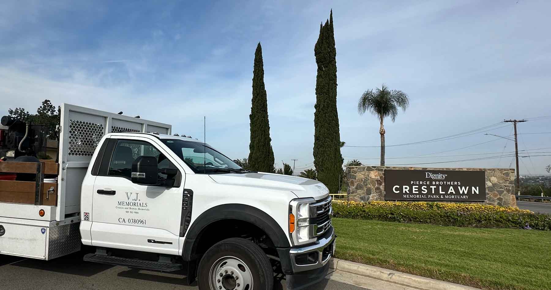 VJ Memorials delivery truck at Crestlawn Memorial Park in Riverside, CA