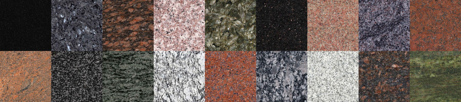 The 18 granite colors VJ Memorials offers, shown as polished swatches