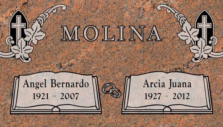 Mahogany granite companion memorial with open book design, wedding rings, and gothic cross windows at Evergreen Memorial Park in Riverside""Mahogany granite companion memorial with open book design, wedding rings, and gothic cross windows at Evergreen Memorial Park in Riverside