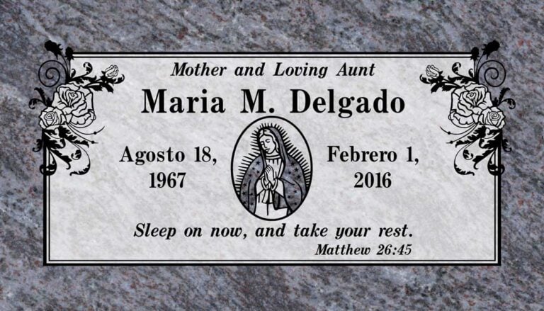 Bahama Blue granite memorial with Virgin of Guadalupe, rose corner scrollwork, and double border at Evergreen Memorial Park in Riverside"