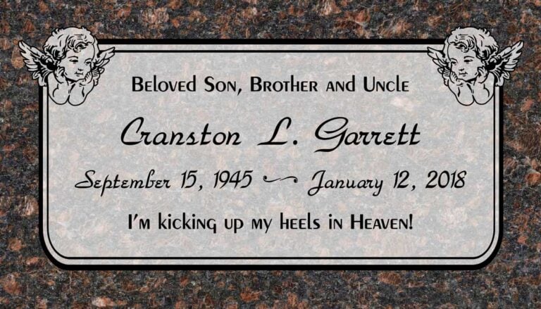 Tan Brown granite memorial with angel cherubs, decorative border, and light gray center panel at Evergreen Memorial Park in Riverside