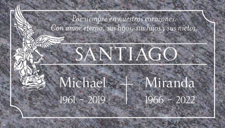 Granite companion grave marker with archangel Michael and cross