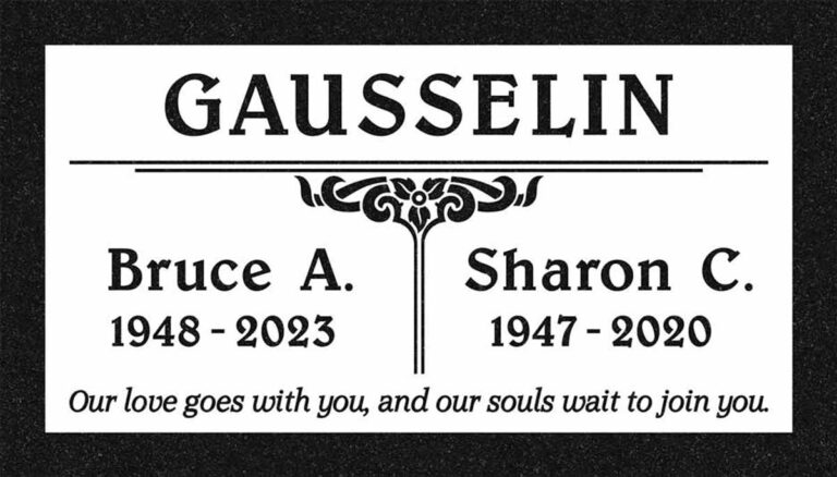 Granite companion grave marker with white panel and art nouveau ornament divider