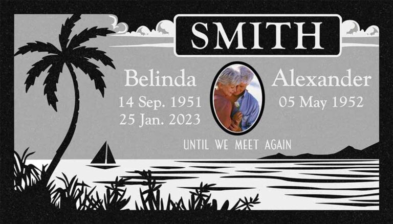 Granite companion grave marker with palm tree, beach ocean scene, and portrait