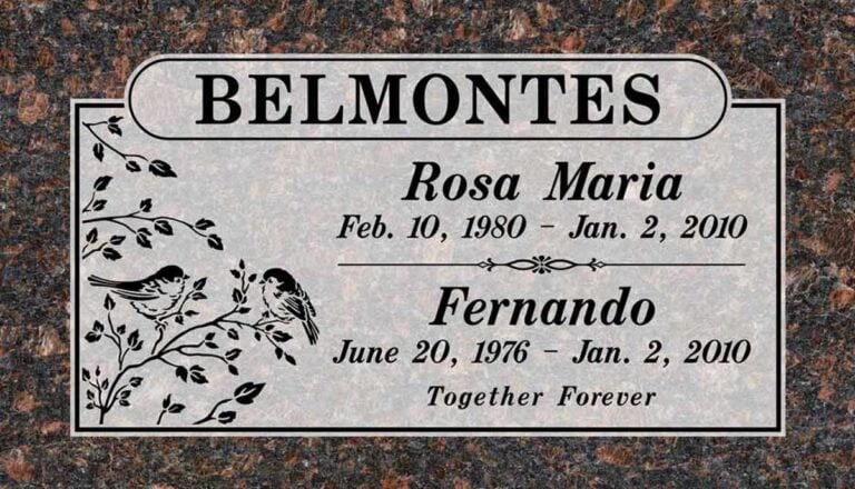 Granite companion grave marker with songbirds on a leafy branch and scroll divider