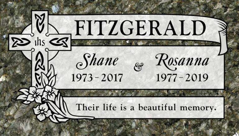 Granite companion grave marker with celtic cross, scroll banner, and flowers