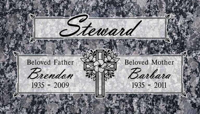 Granite companion grave marker with cross, flowers, and scrollwork
