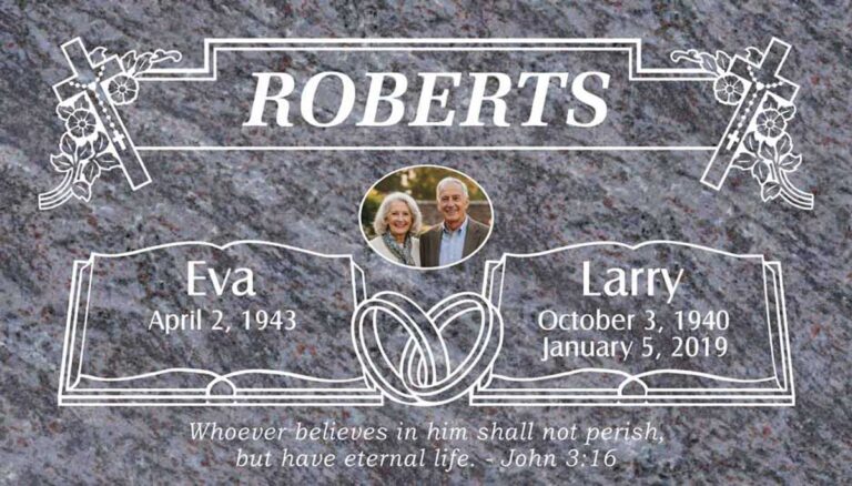 Granite companion grave marker with crosses, roses, portrait, open book, and rings