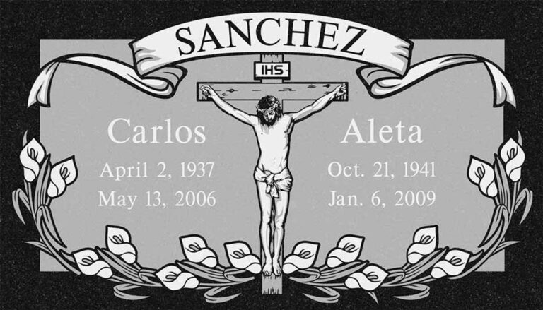 Granite companion grave marker with crucifix, banner, and tulips