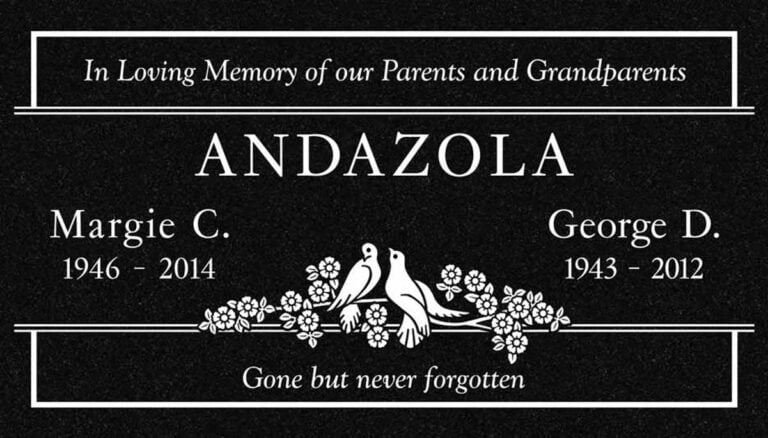 Granite companion grave marker with doves among flowers and double-line border