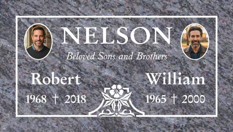 Granite companion grave marker with white border panel, portrait ovals, and flower accent