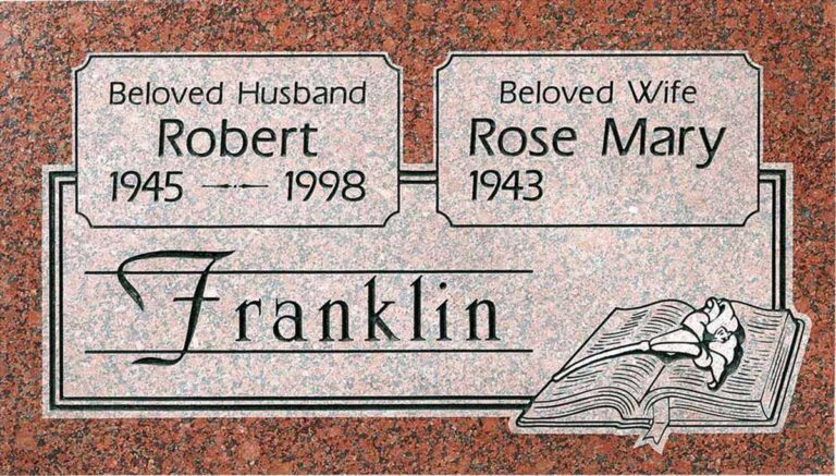 Granite companion grave marker with open bible, rose, and scroll