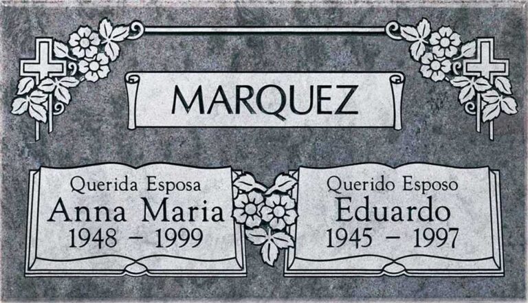 Granite companion grave marker with open books, flowers, and crosses