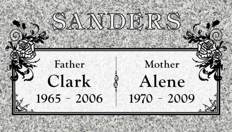 Granite companion grave marker with roses and scrollwork corners