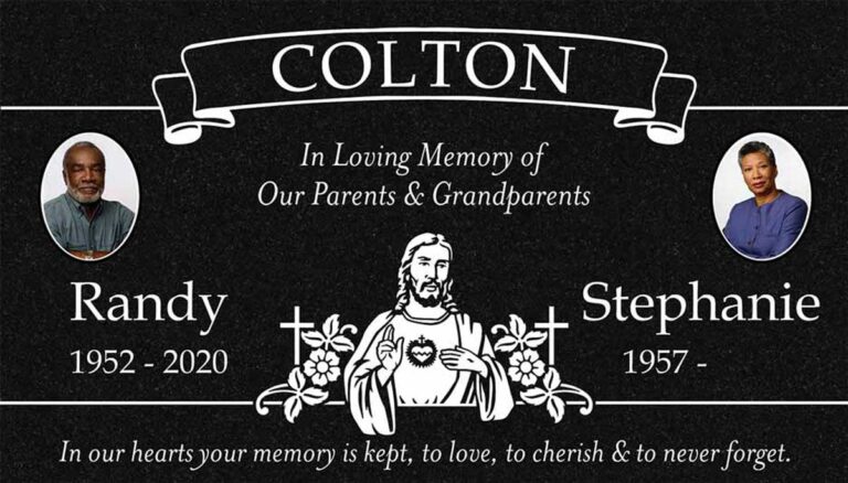 Granite companion grave marker with Sacred Heart of Jesus, banner, and portraits