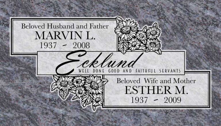 Granite companion grave marker with sunflower bouquets and stacked offset banners