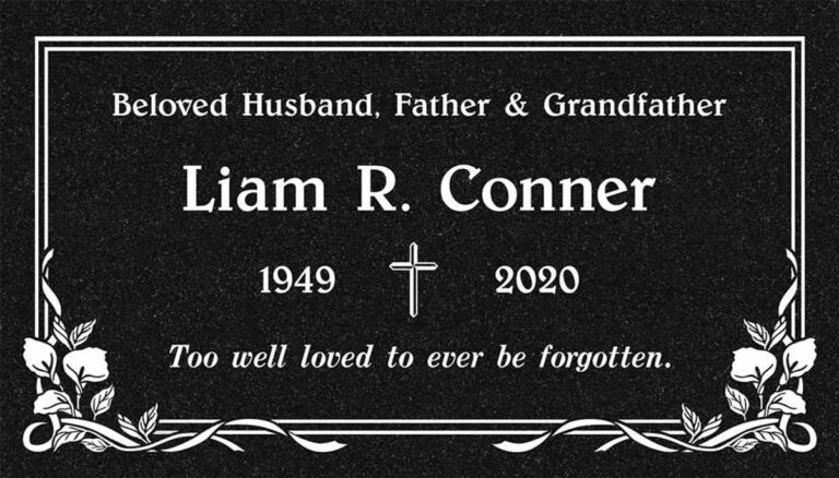 Granite grave marker with cross, rose corner accents, and triple-line border