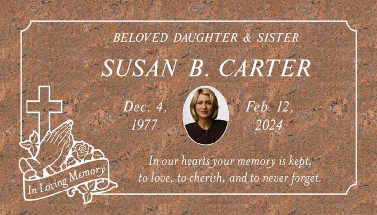 Granite grave marker with portrait, cross, praying hands, rose, and banner