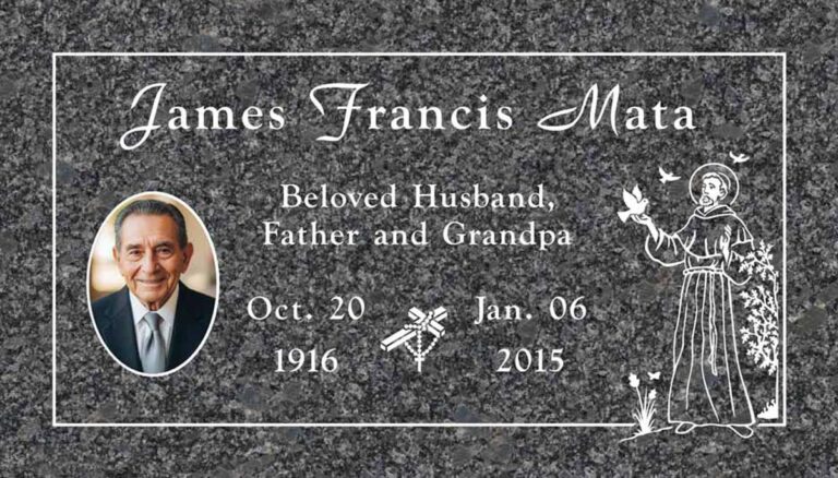 Granite grave marker with portrait, St. Francis, doves, rosary, and cross