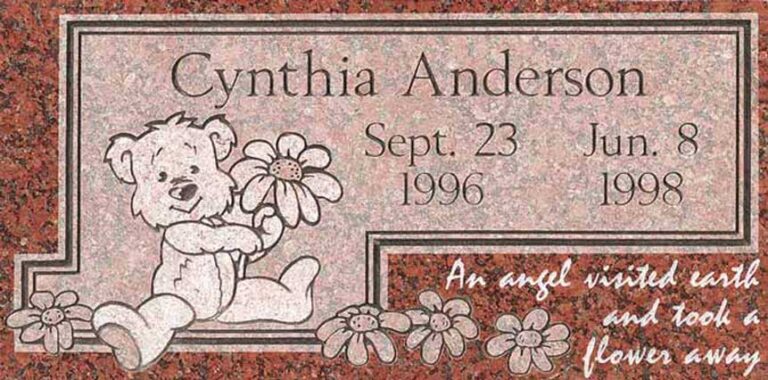 Granite grave marker with teddy bear holding daisies and notched panel