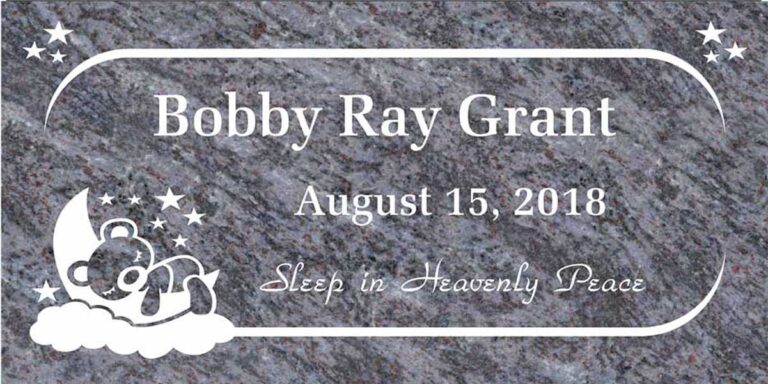 Granite grave marker with teddy bear sleeping on crescent moon and stars