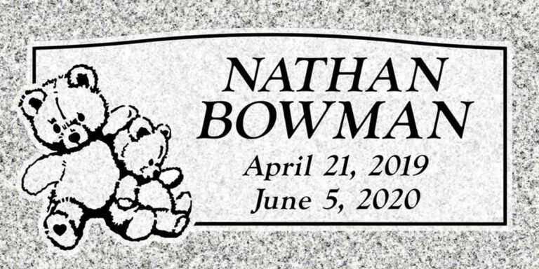 Granite grave marker with two teddy bears and arched border panel