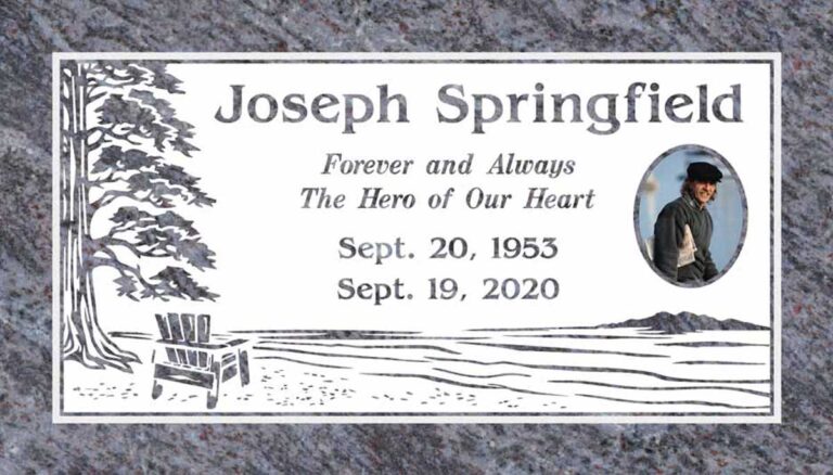 Granite grave marker with tree, Adirondack chair, beach scene, and portrait