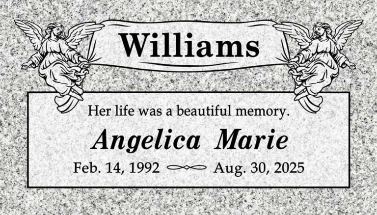 Granite gravestone with angels, scroll banner, and upright panel