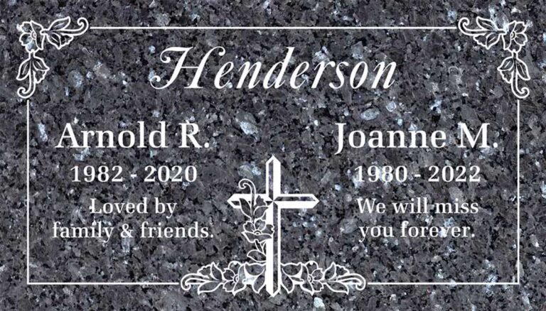 Granite companion gravestone with cross, roses, and ivy vine corners