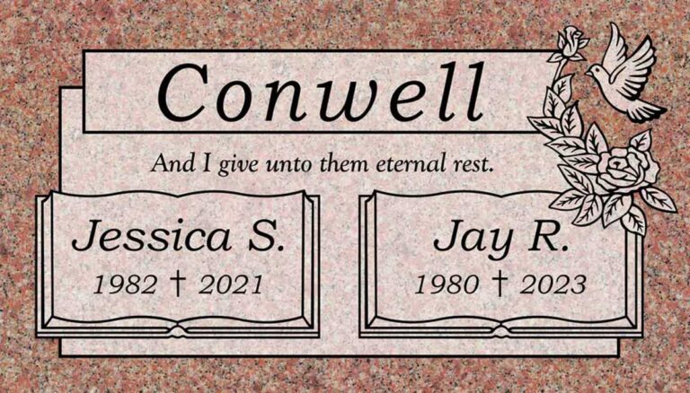 Granite companion gravestone with dove, roses, and open book panels