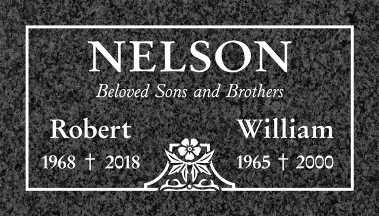Granite companion gravestone with flower accent and oval photo portrait areas