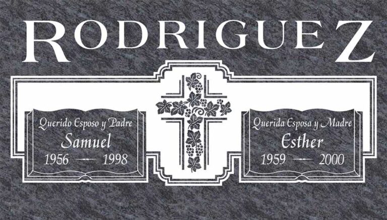 Granite companion gravestone with grapevine cross and open books