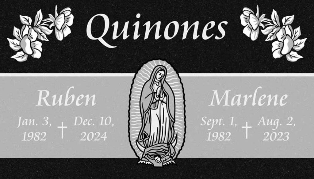 Guadalupe & Flowers in Black Granite