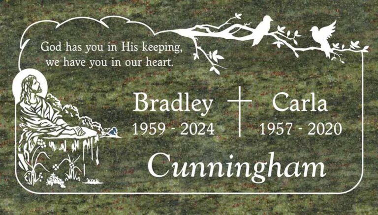 Granite companion gravestone with Jesus praying, birds on branch, and cross