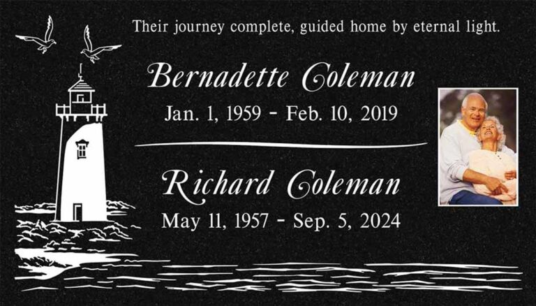 Granite companion gravestone with lighthouse, seagulls, ocean, and portrait
