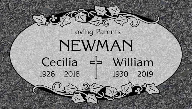 Granite companion gravestone with oval ivy vine panel and cross divider