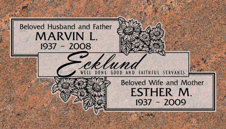 Granite companion gravestone with sunflower bouquet and stacked banner panels