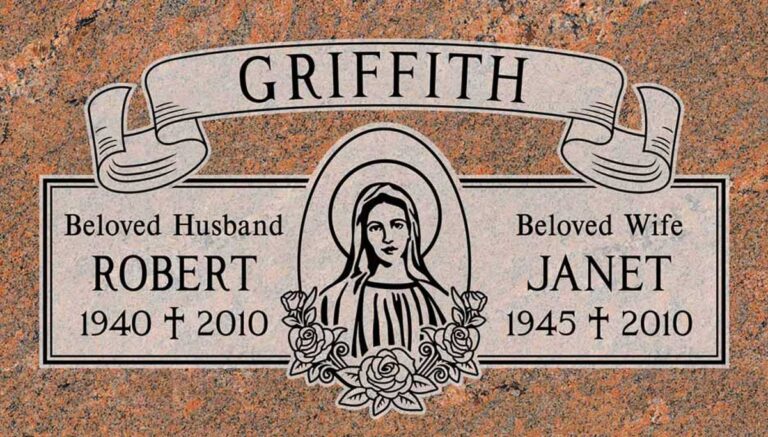 Granite companion gravestone with Virgin Mary, roses, and banner