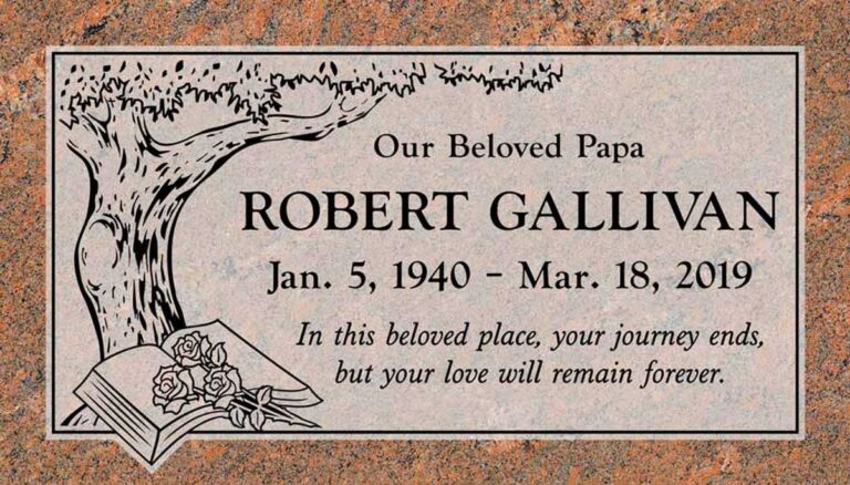 Granite gravestone with oak tree, open bible, and roses