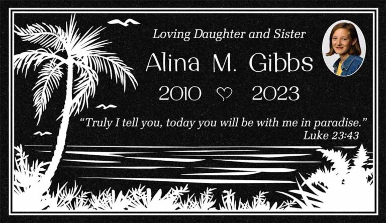 Granite gravestone with palm trees, beach, ocean, and portrait