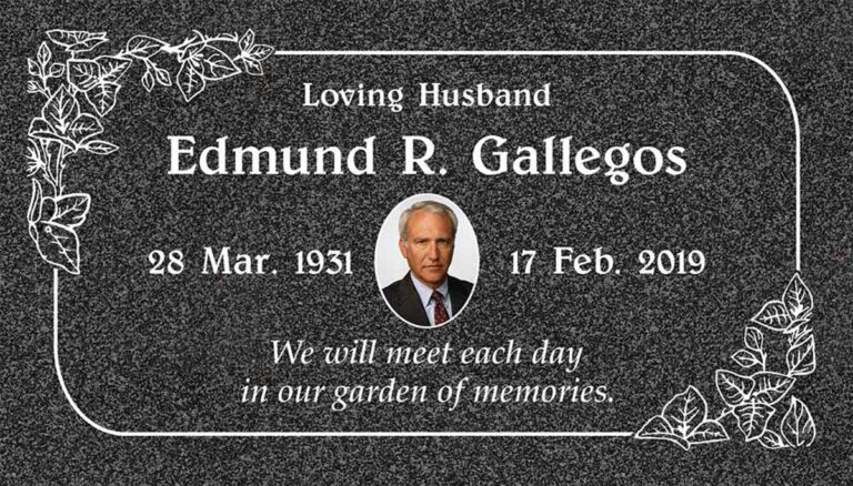 Granite gravestone with portrait cameo and ivy vine corner accents