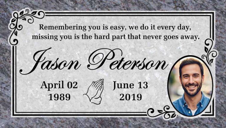 Granite gravestone with portrait oval, scrollwork accents, and double border