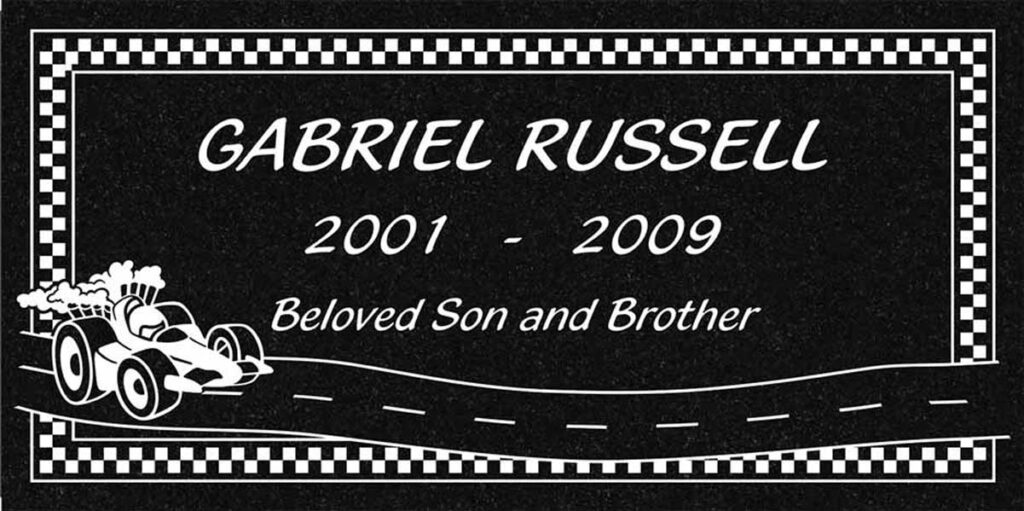 Race Car & Checkered Border in Black Granite