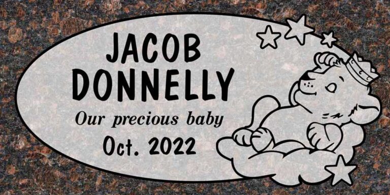 Granite gravestone with sleeping teddy bear and stars in oval panel